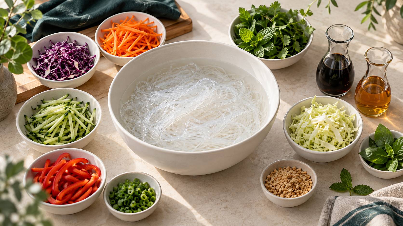 Nouilles, legumes eminces et sauce sur un plan de travail