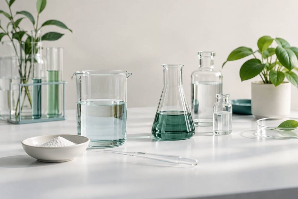 Verrerie de laboratoire claire et poudre blanche sur une paillasse