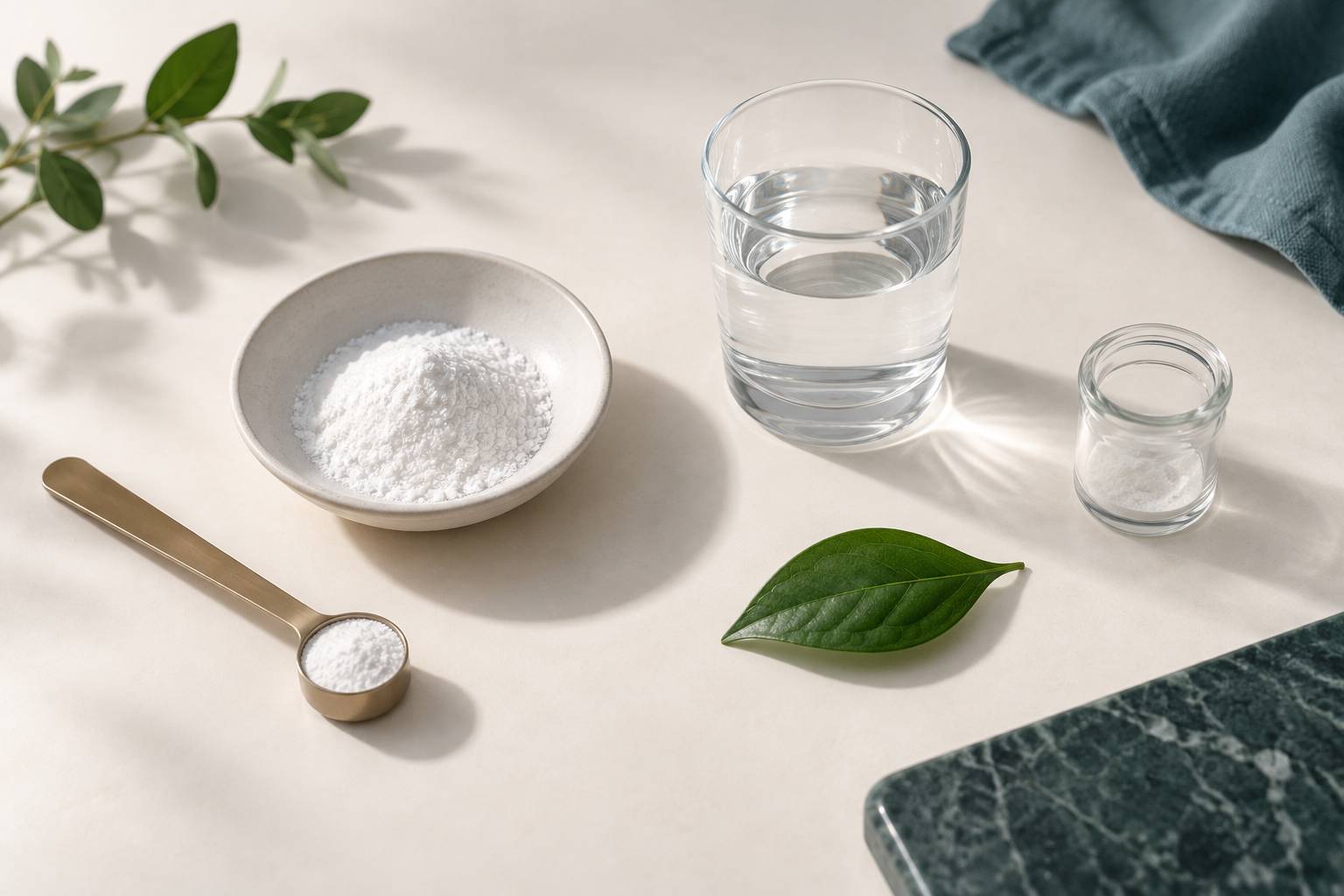 Cuillere doseuse et poudre blanche avec verre d'eau sur une table claire