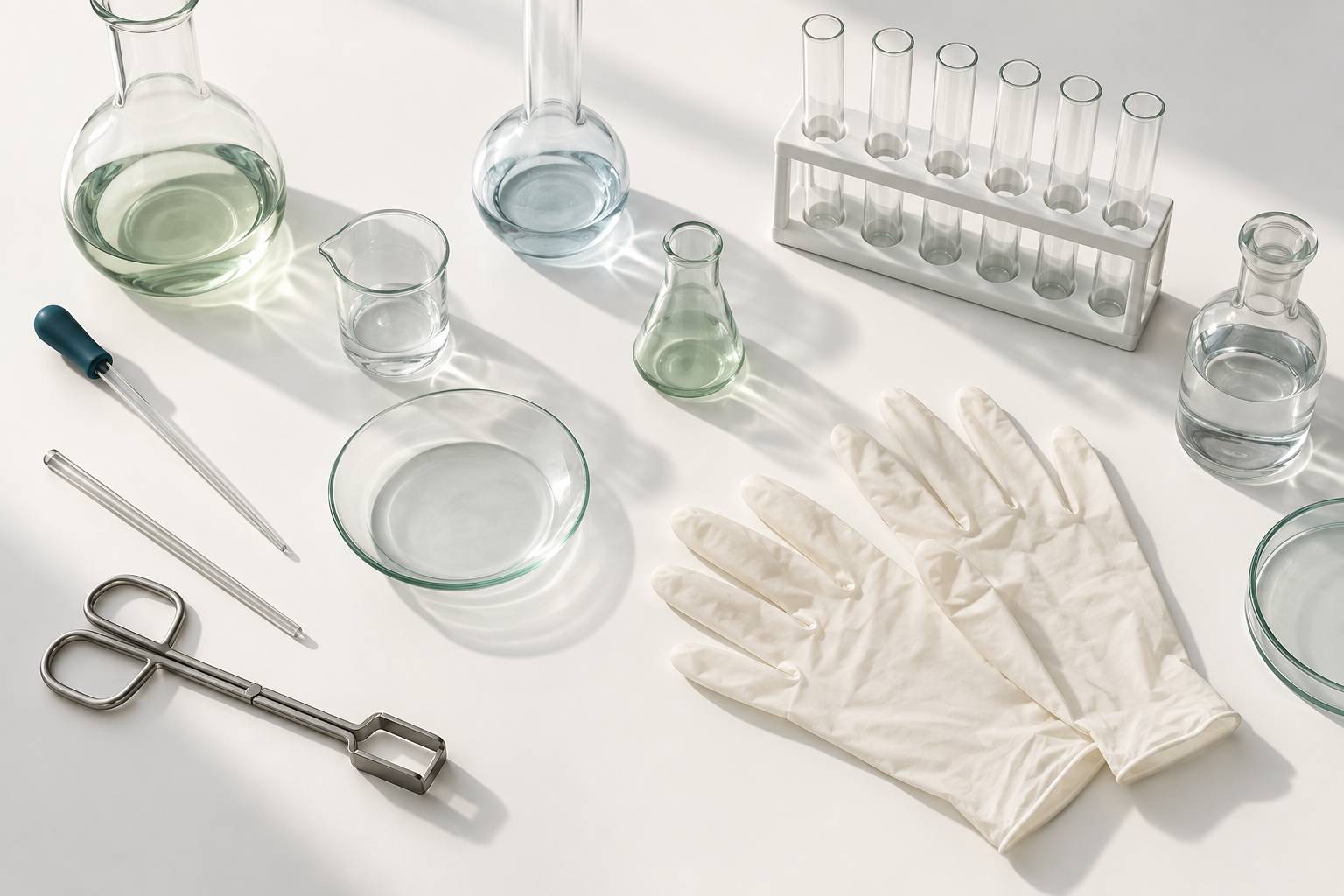 Coupelle de pesee et tubes a essai vides sur un plan de laboratoire lumineux