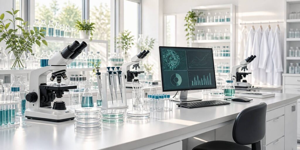 Paillasse de laboratoire de recherche avec microscopes et boîtes de Pétri