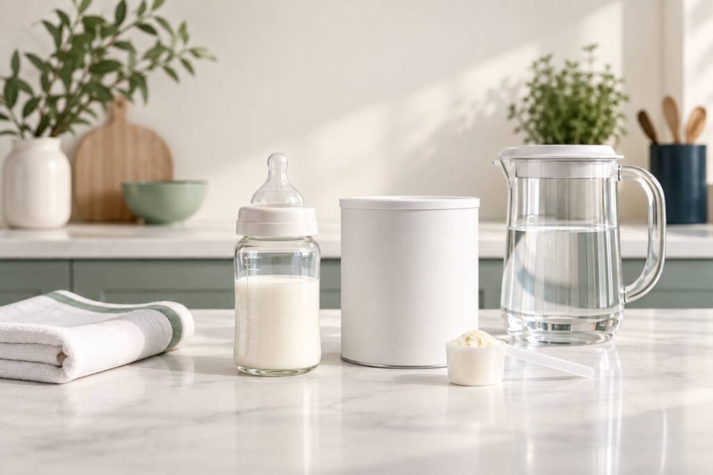 Biberon en verre, mesurette doseuse et boîte de lait infantile unie sur un plan de travail clair