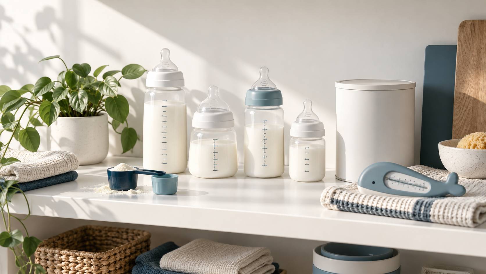 Biberon en verre, mesurette doseuse et boîte de lait infantile unie sur un plan de travail clair