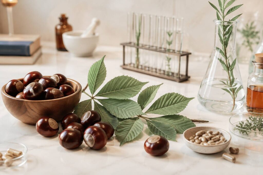 Marrons d'Inde avec feuilles palmées et gélules végétales dans un cadre naturel