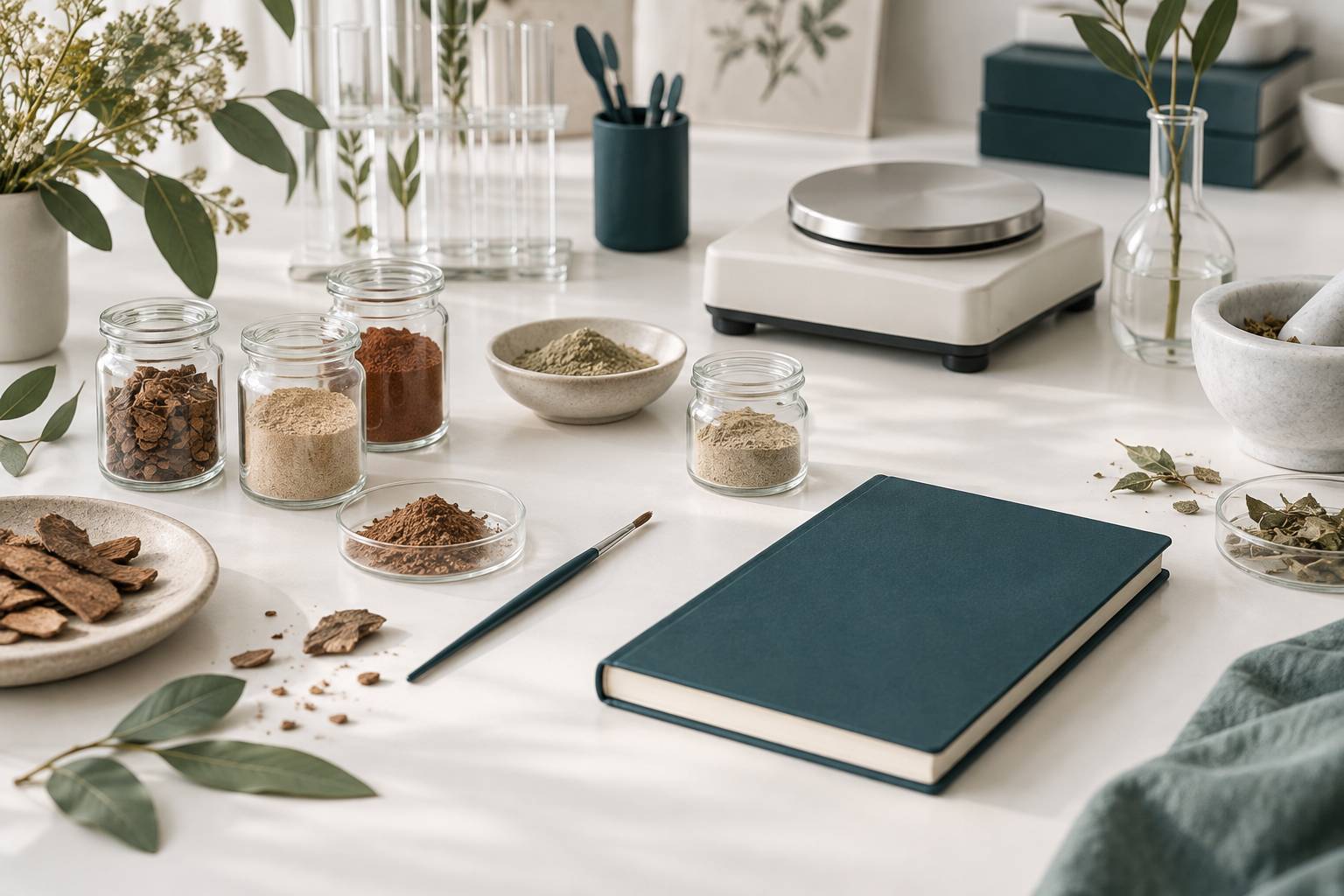 Bocaux de poudres d'écorce et accessoires botaniques sur plan de travail