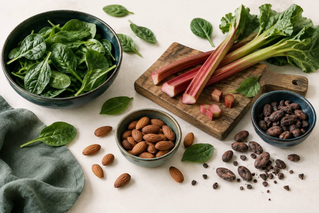 Nature morte d'epinards, rhubarbe, amandes et cacao sur fond clair
