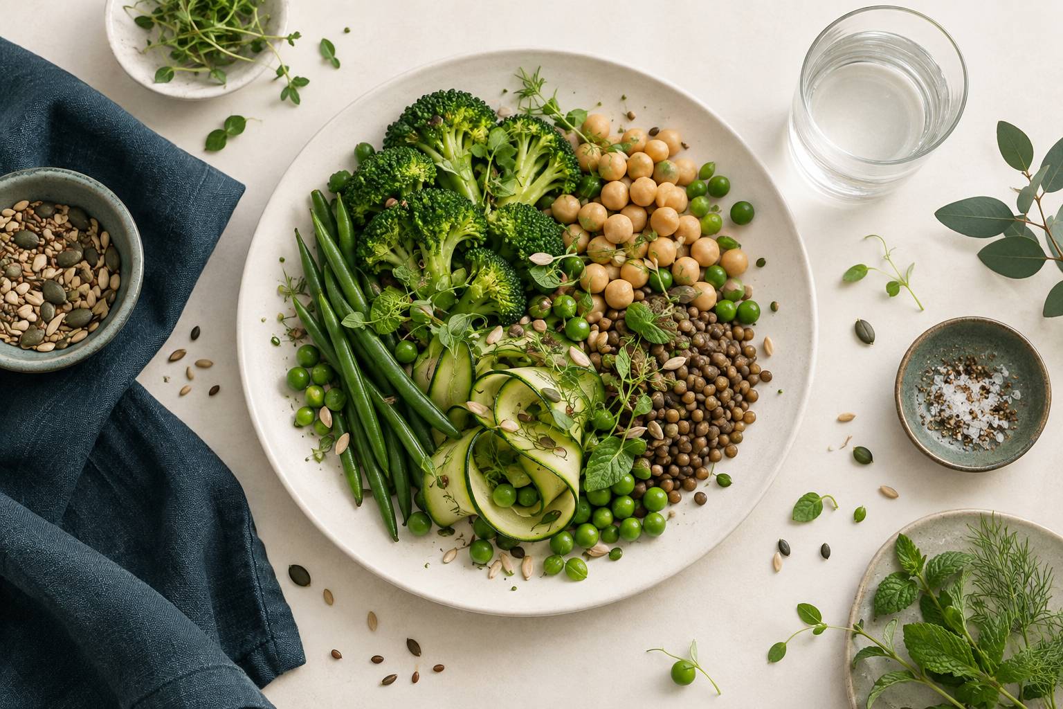Assiette claire de legumes verts et legumineuses avec graines et herbes