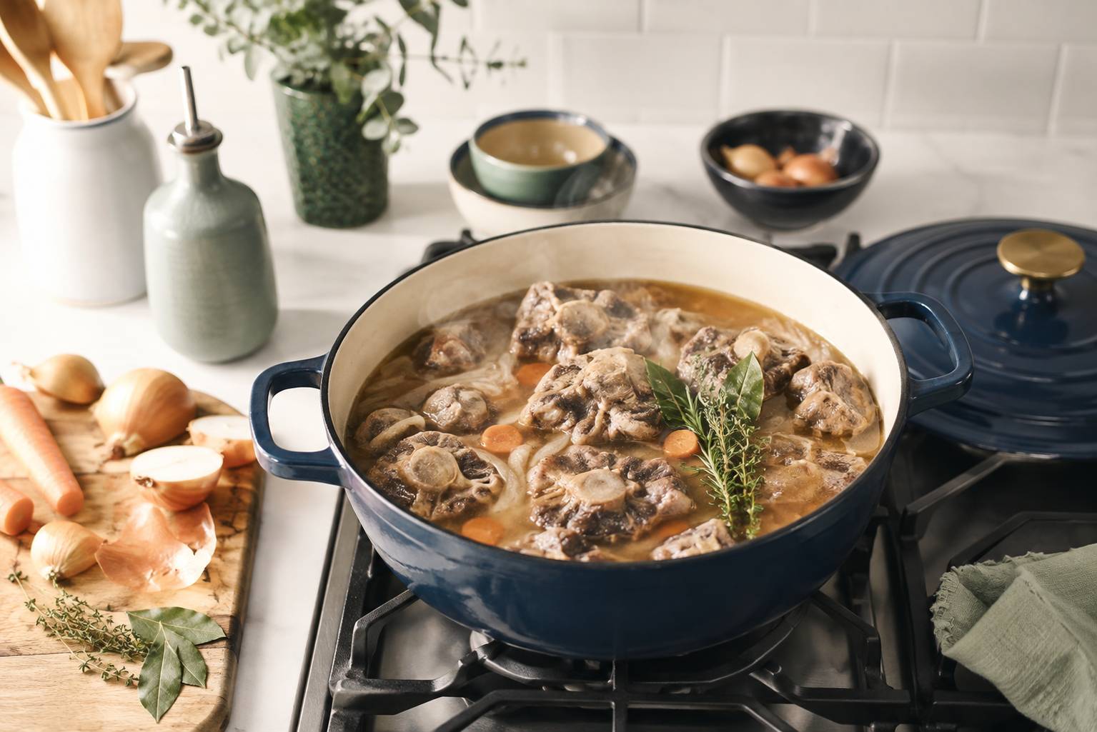 Queues de cochon mijotant dans une cocotte ouverte avec oignons, carottes et bouquet garni