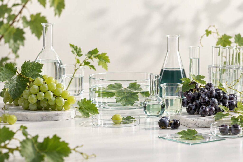 Grappes de raisin et verrerie de laboratoire sur une table claire