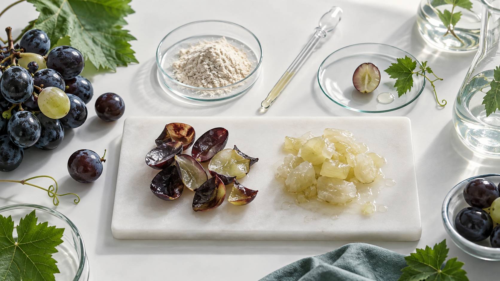 Peau de raisin et coupelle de poudre sur une paillasse