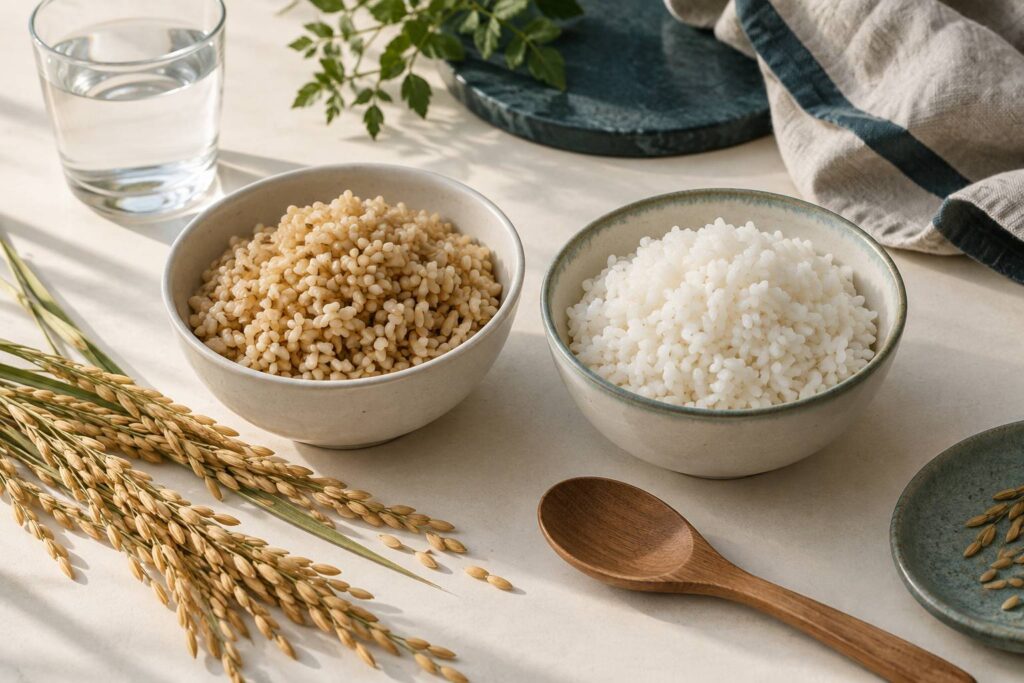 Bol de riz complet et bol de riz blanc côte à côte sur une table
