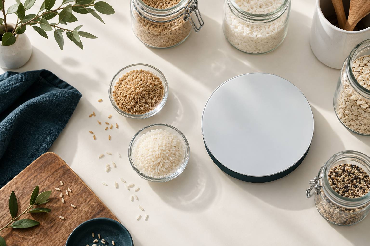Grains de riz complet et blanc dans deux coupelles en verre