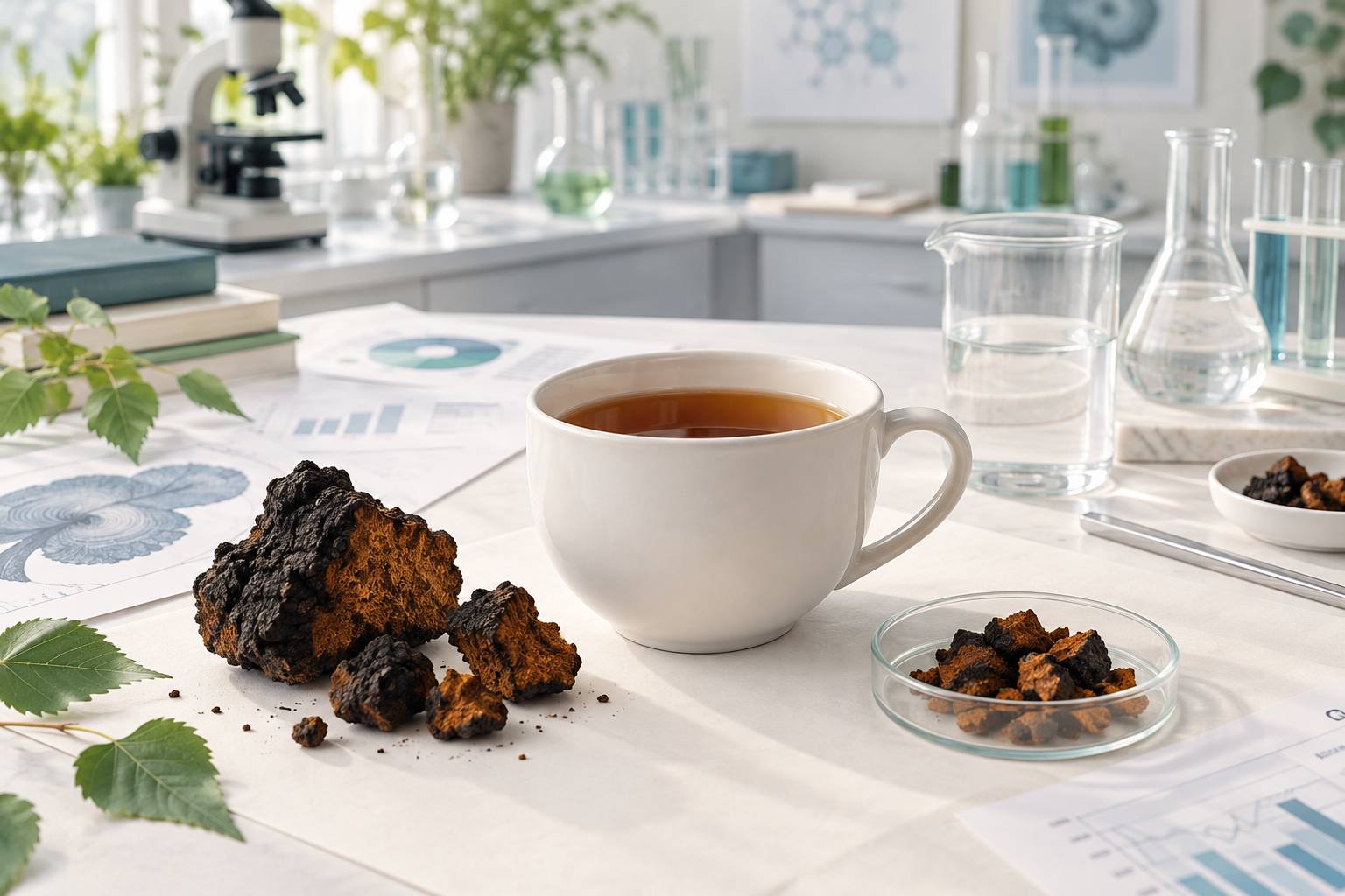 Illustration éditoriale du sujet : Thé de chaga : bienfaits supposés et ce que dit la science