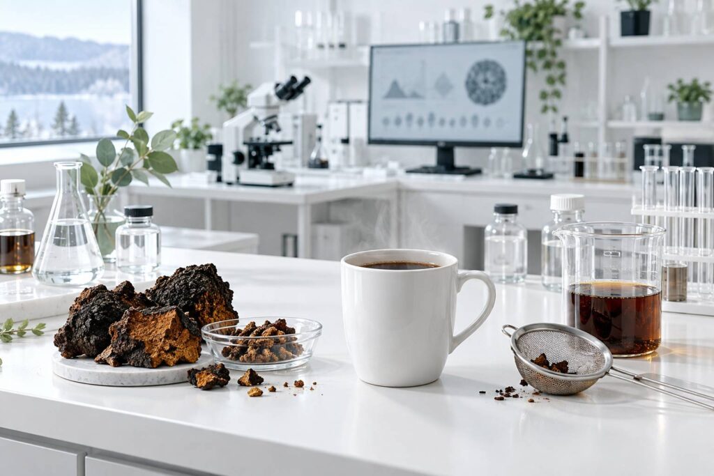 Illustration éditoriale du sujet : Thé de chaga : bienfaits supposés et ce que dit la science