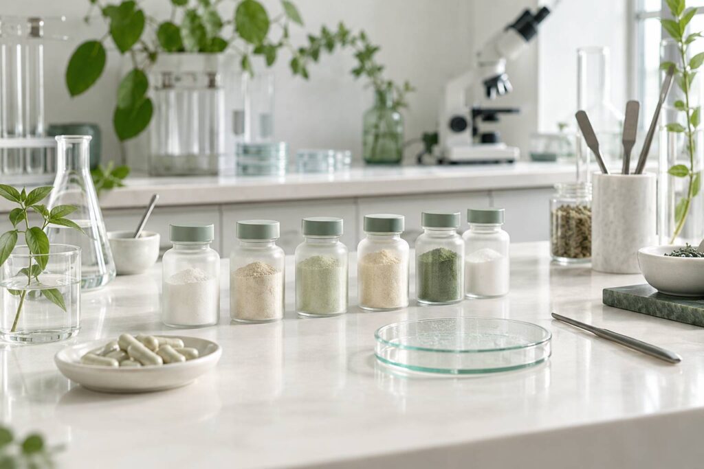 Paillasse de laboratoire claire avec flacons, gelules et boite de Petri
