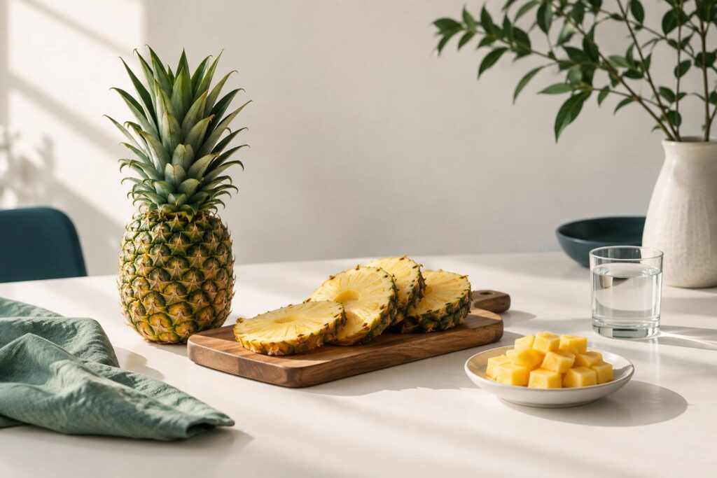 Ananas frais entier et tranches sur une planche en bois dans une cuisine claire