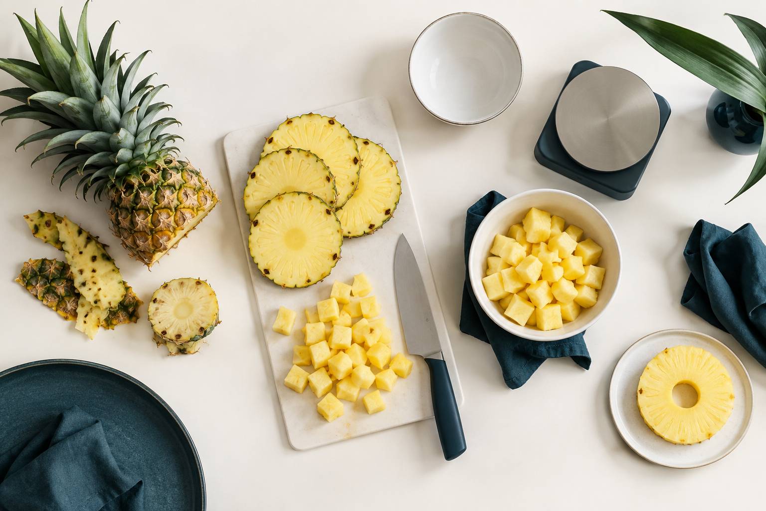 Ananas decoupe en des avec ecorce et balance de cuisine neutre