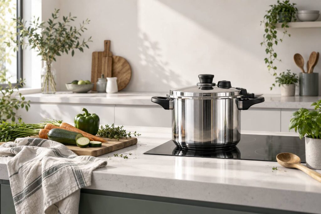 Autocuiseur inox et legumes frais sur un plan de cuisine clair