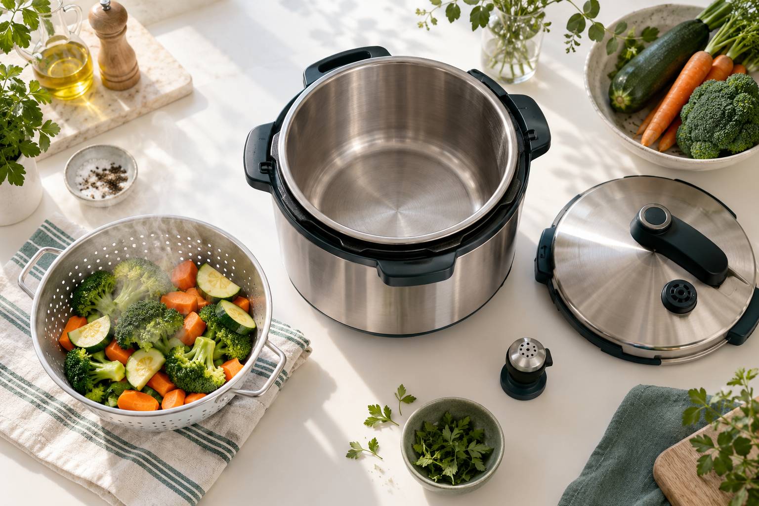 Autocuiseur ouvert avec couvercle et legumes cuits a la vapeur