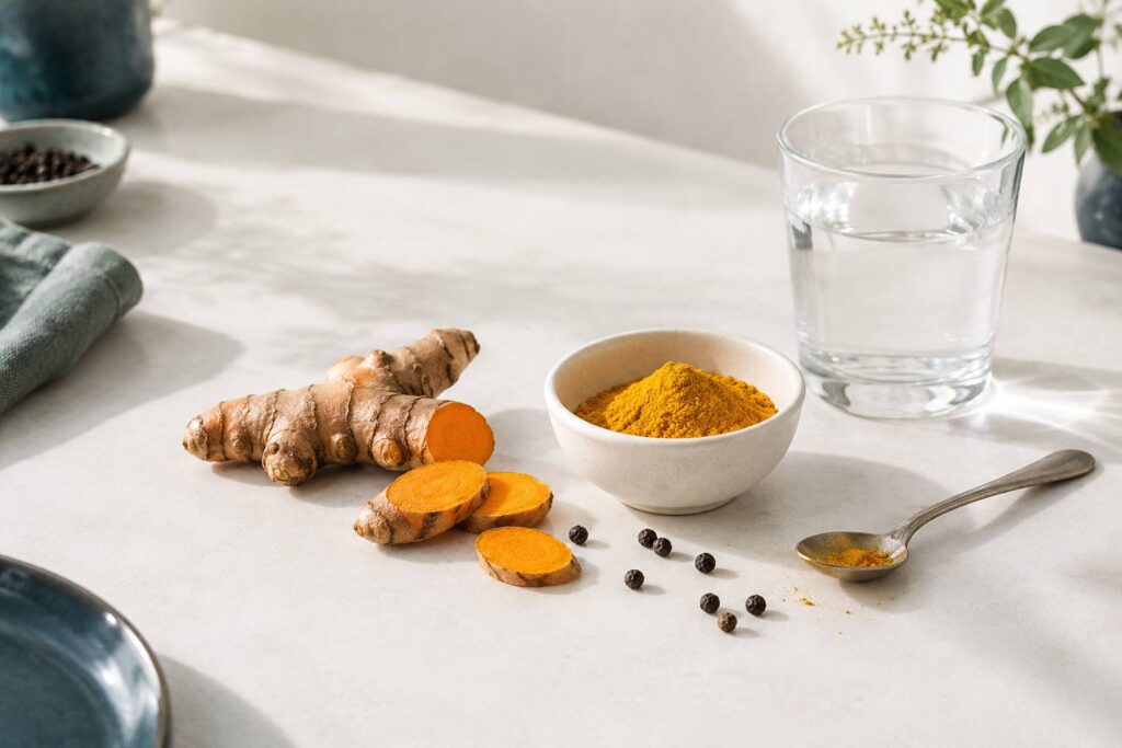 Racine de curcuma et poudre dans un bol sur une table claire