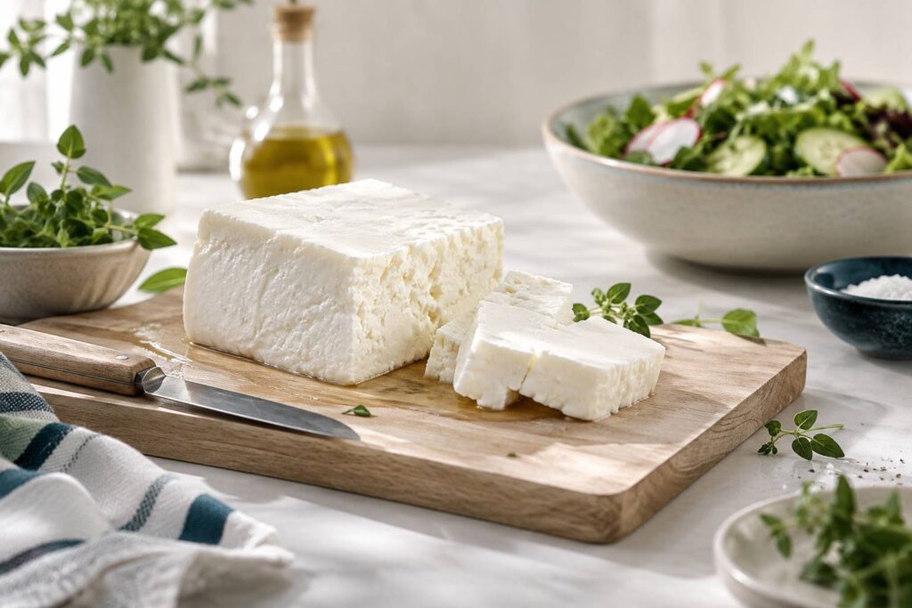 Bloc de fromage en saumure sur une planche en bois avec un couteau