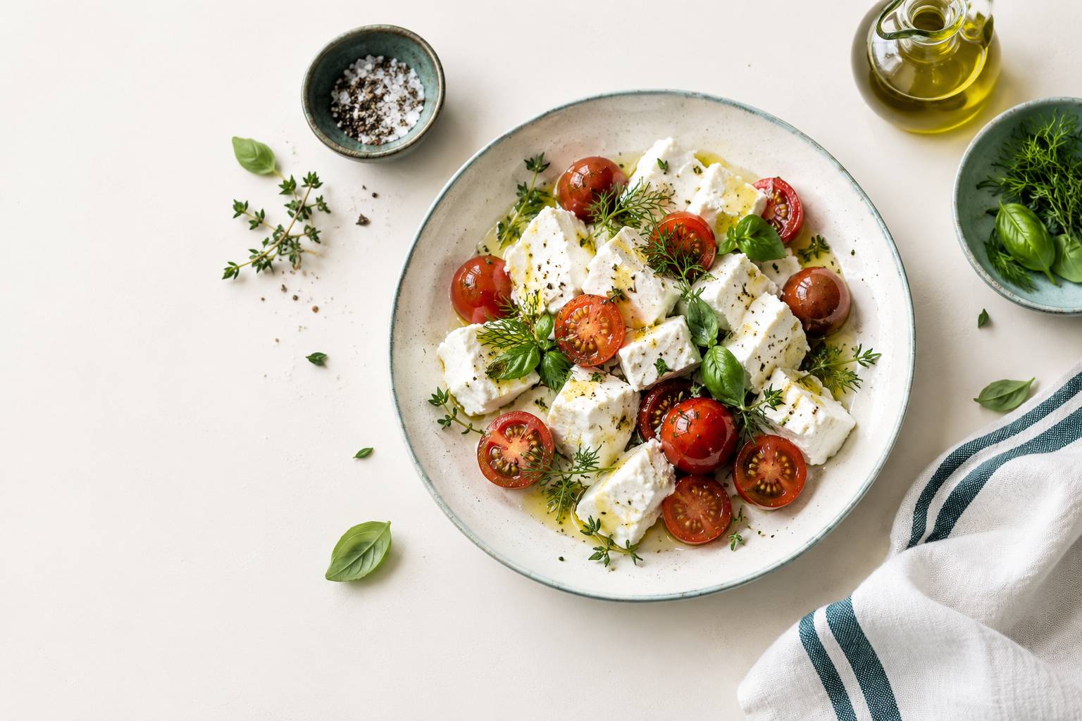 Des de fromage en saumure et tomates cerises dans une assiette