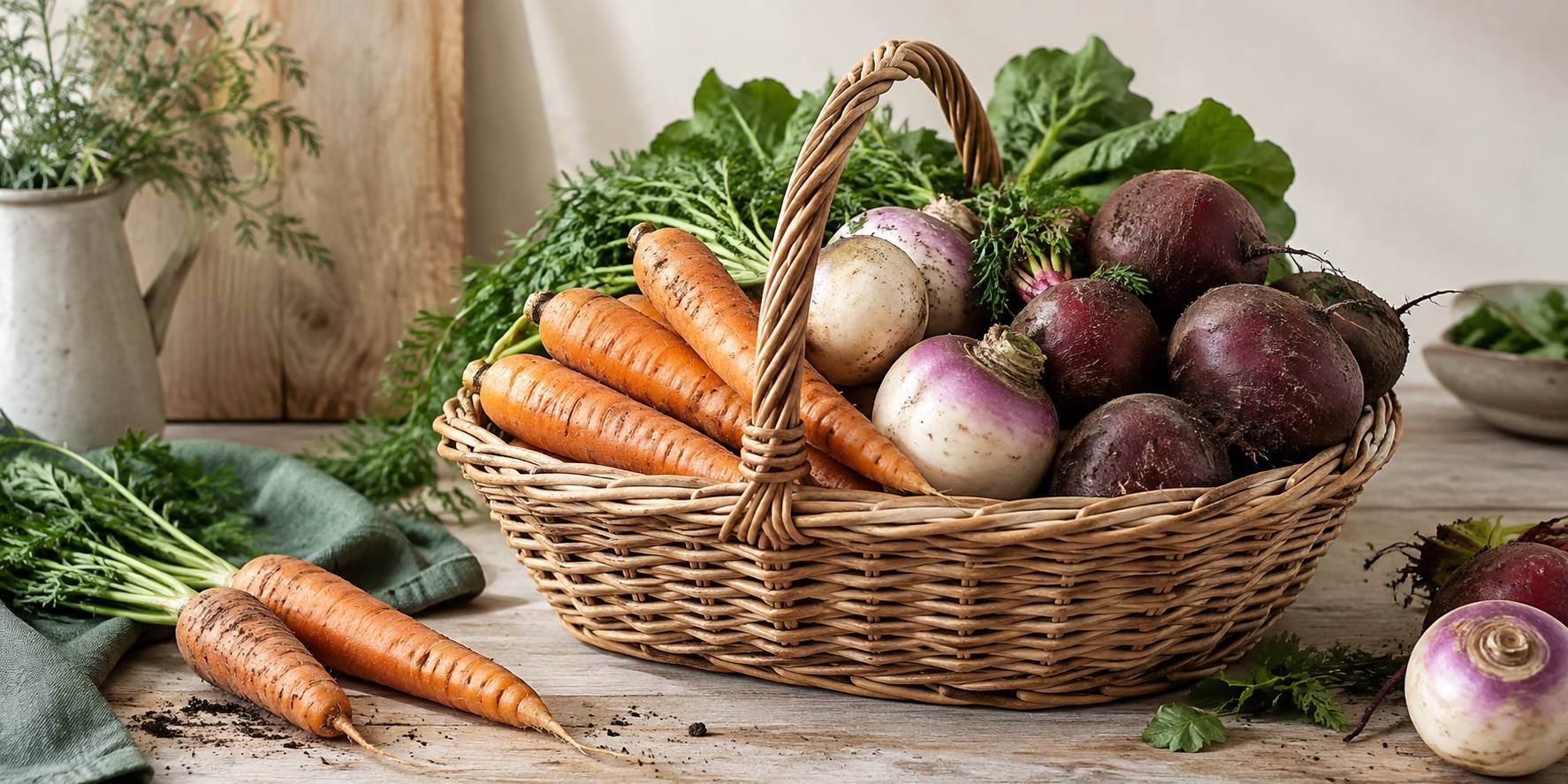Panier en osier rempli de carottes, navets et betteraves frais