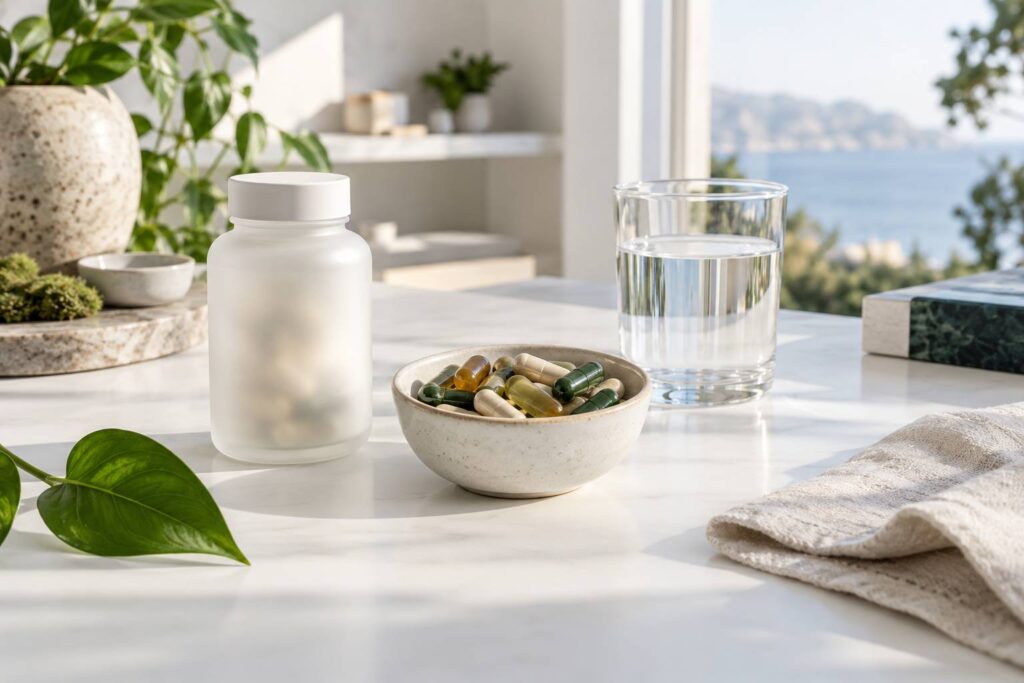Coupelle de gelules multivitaminees avec verre d'eau clair
