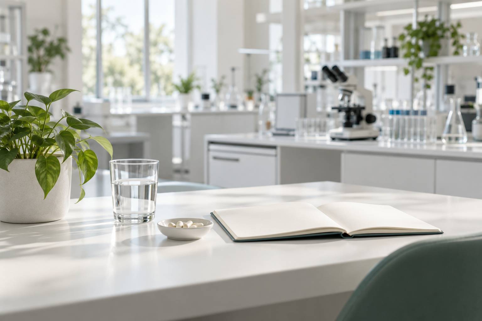 Verre d'eau et coupelle de gelules sur un bureau lumineux