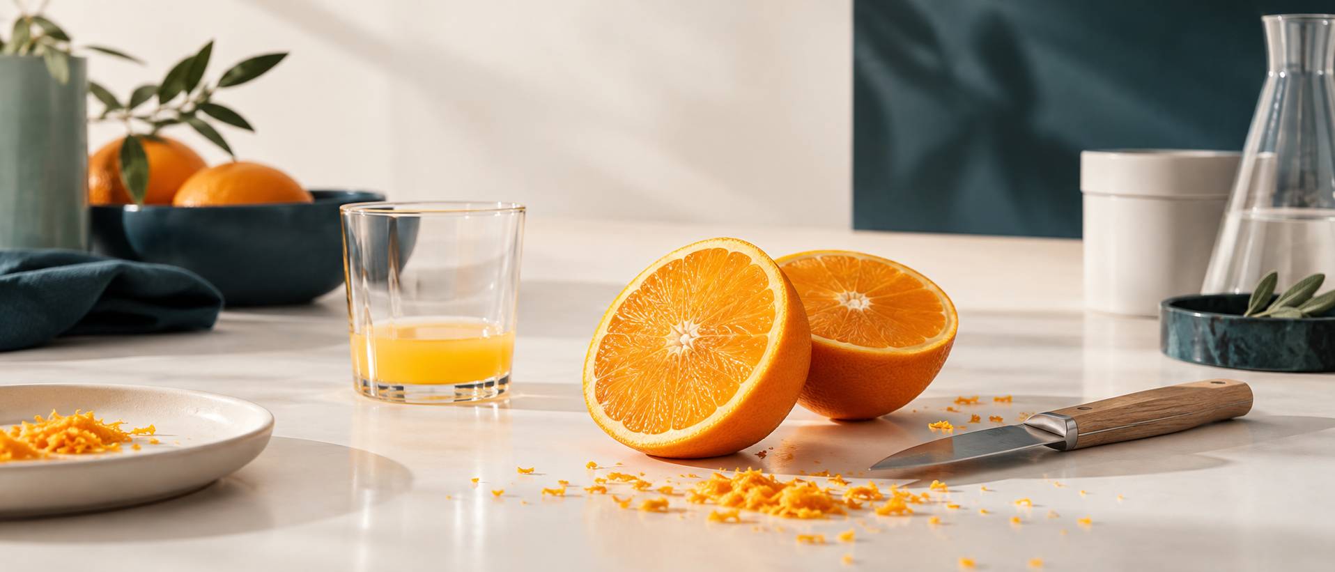 Orange coupee en deux revelant sa pulpe et son jus