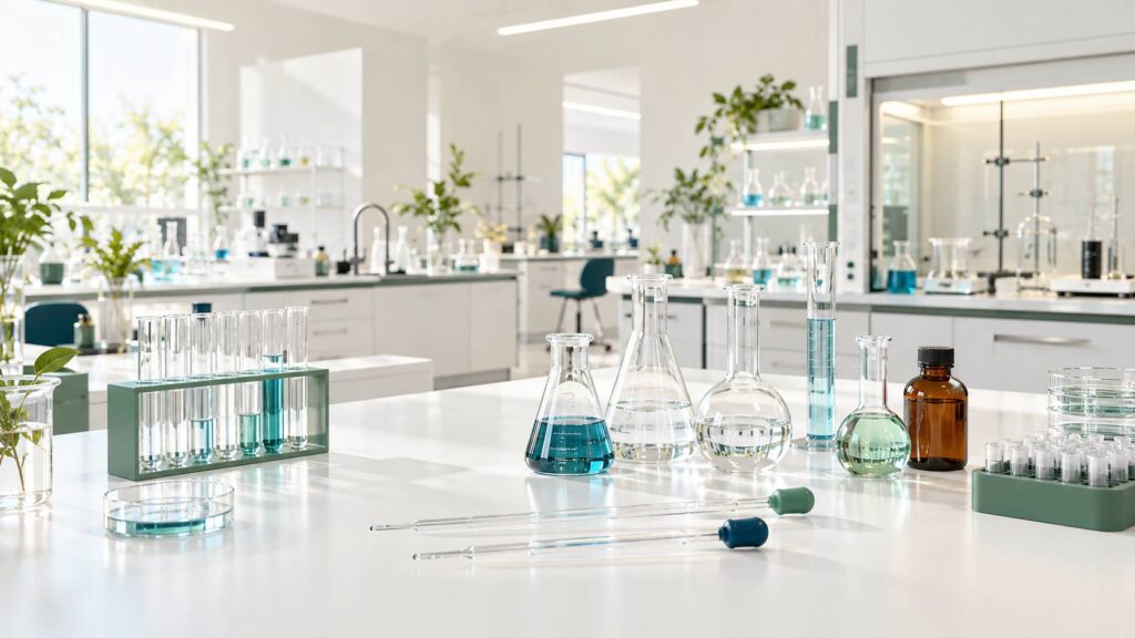Paillasse de laboratoire avec fioles graduées, pipettes et flacon ambré sans étiquette