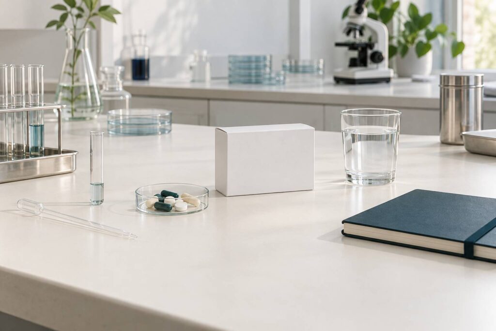 Comprimés génériques et verre d'eau sur une table de laboratoire claire