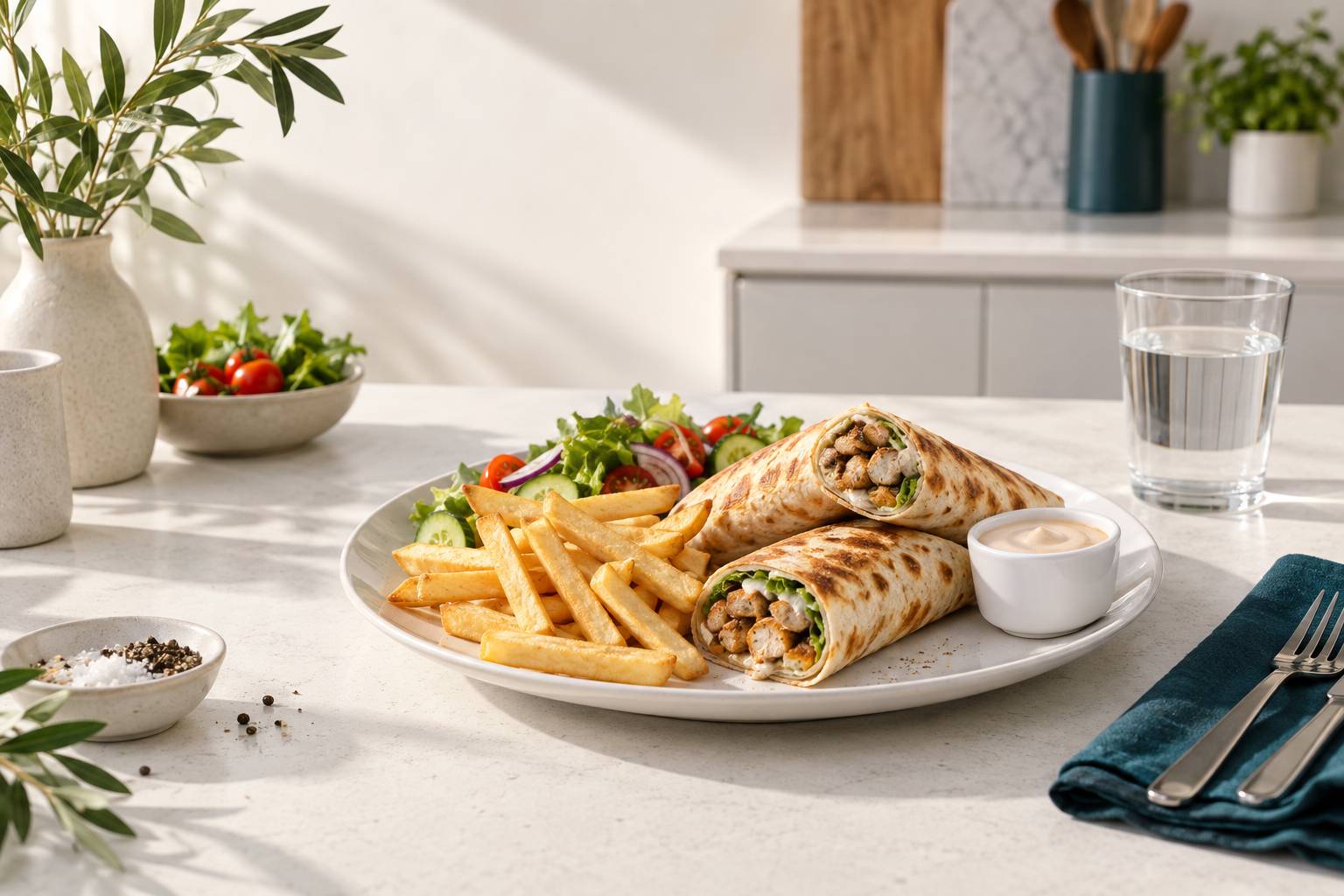 Assiette de tacos roulés avec frites et crudités sur une table claire